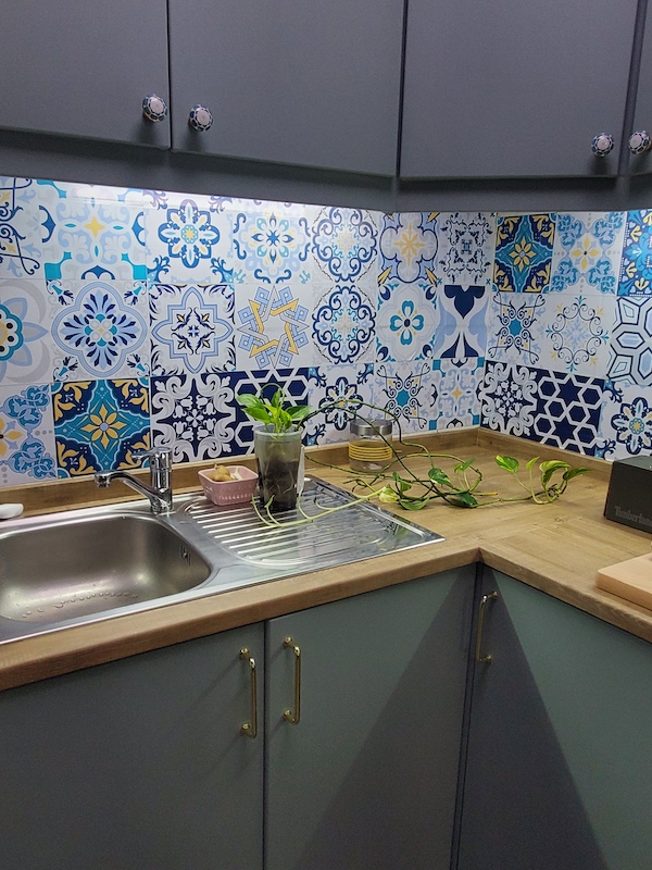 egg duck blue kitchen wrapping in dubai, dubai , interior designer in dubai, boho style kitchen in dubai