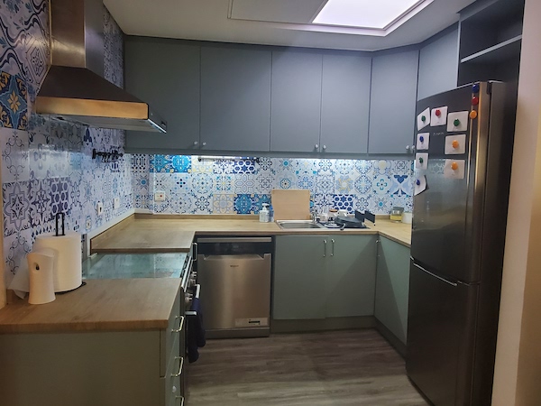 egg duck blue kitchen wrapping in dubai, dubai , interior designer in dubai, boho style kitchen in discovery gardens
