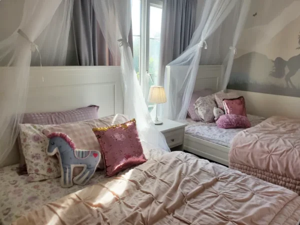 Girls, girls room, two bedroom, design, girl design, girl room design, pink bed, unicorn style, white curtain, before and after, meadows kids room style, kids room design, interior design, lamp-side, double bed room design