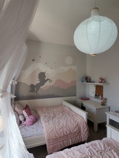 Girls, girls room, two bedroom, design, girl design, girl room design, pink bed, unicorn style, white curtain, before and after, meadows kids room style, kids room design, interior design, white chandelier, kids desk design