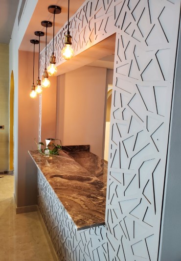 palm jumeirah wall design, kitchen window design, kitchen window ideas, marble counter-top, led lighting, golden look, modern kitchen